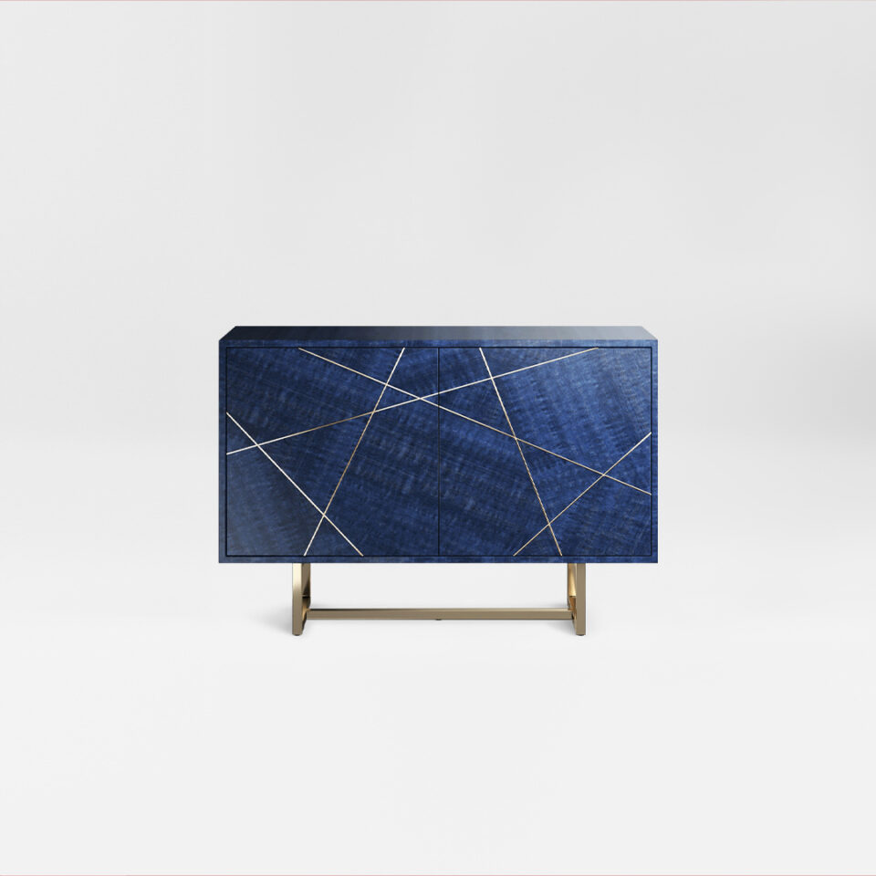 A two door sideboard finished in a high gloss Figured Blue Eucalyptus with a polished brass plinth and trim. Design by DAVIDSON London.