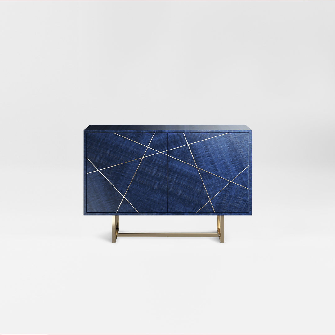 A two door sideboard finished in a high gloss Figured Blue Eucalyptus with a polished brass plinth and trim. Design by DAVIDSON London.