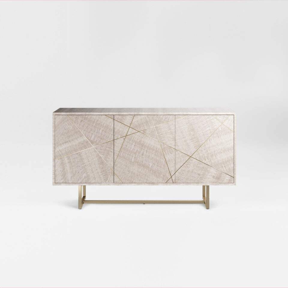A three door sideboard finished in a high gloss Sycamore Silk with a polished brass plinth and trim. Design by DAVIDSON London.