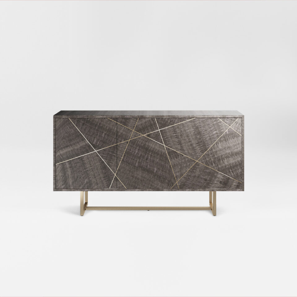 A three door sideboard finished in a high gloss Sycamore Slate with a polished brass plinth and trim. Design by DAVIDSON London.