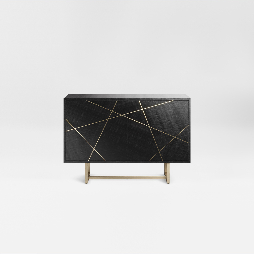 A two door sideboard finished in a high gloss Sycamore Black with a polished brass plinth and trim. Design by DAVIDSON London.