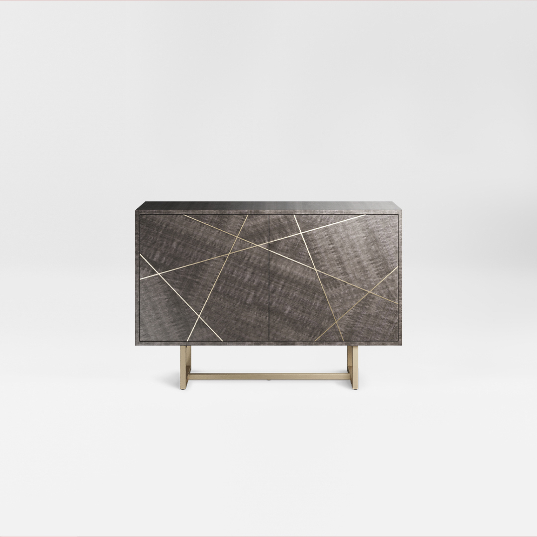 A two door sideboard finished in a high gloss Sycamore Slate with a polished brass plinth and trim. Design by DAVIDSON London.