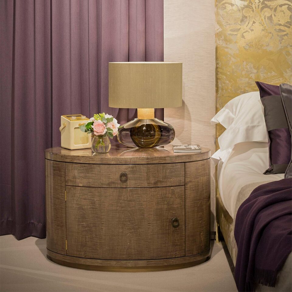 The Belvedere Bedside Chest in High Gloss Sycamore Dusk with Antiqued Brushed Brass handles. Furniture and Interior Design by DAVIDSON London.