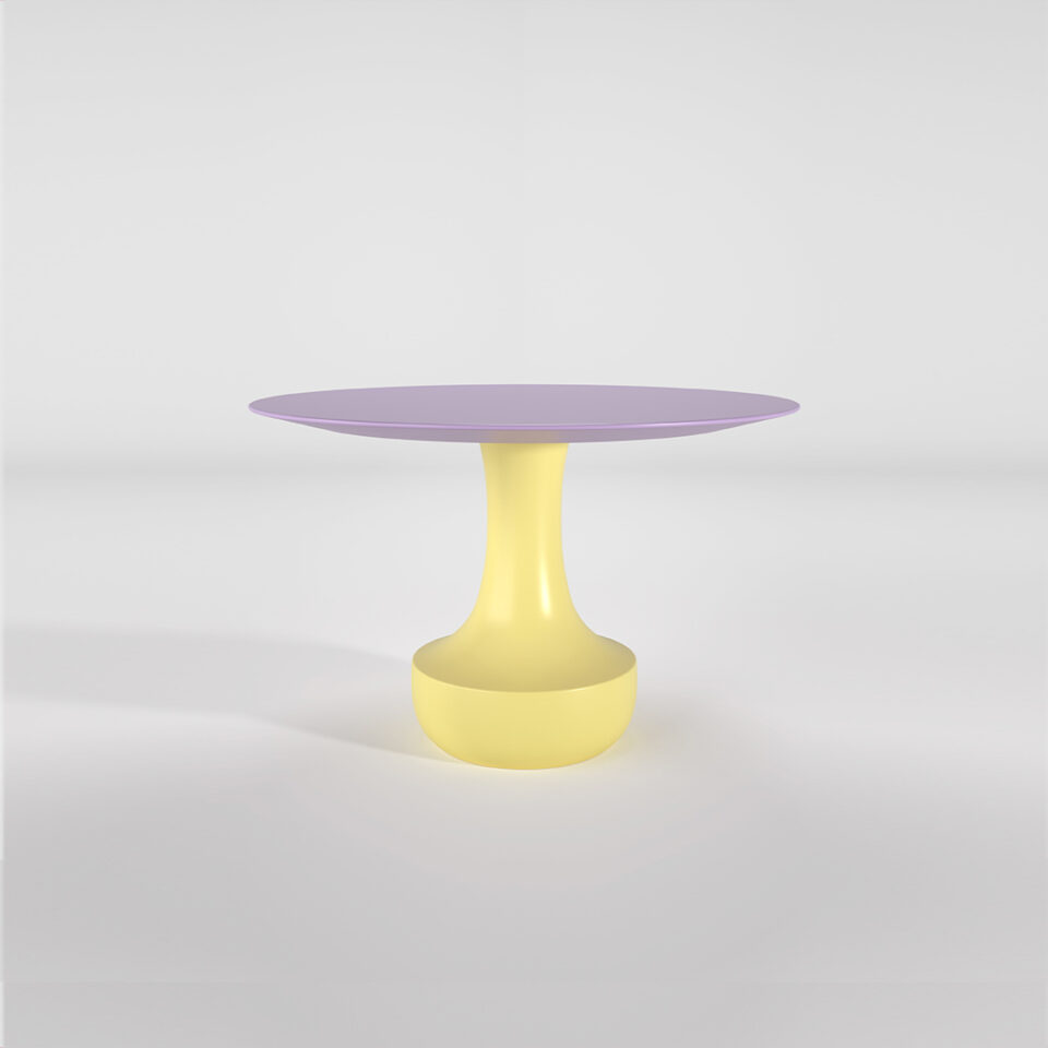 A vibrant breakfast table part of DAVIDSON London’s Wanderlust Collection. This design features the decanter base and aspen top in a pastel yellow ‘New York’ and purple ‘Provence’. Satin finish.
