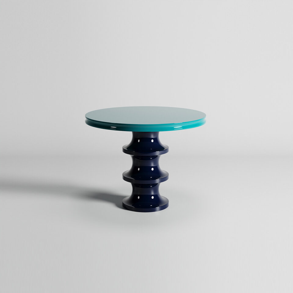 A vibrant breakfast table part of DAVIDSON London’s Wanderlust Collection. This design features the spiraliser base in a deep blue ‘aegean’ and the Channel top in a bright blue ‘Danče’