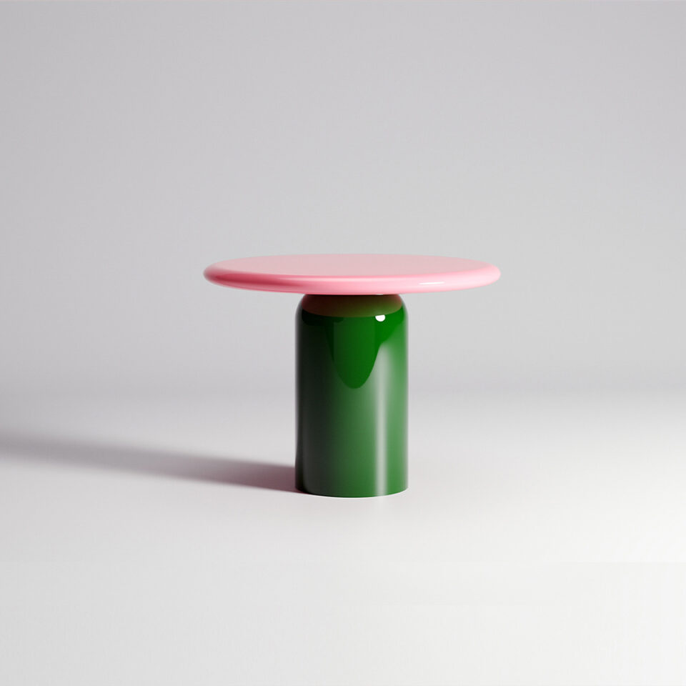 A vibrant breakfast table part of DAVIDSON London’s Wanderlust Collection. This design features the cylinder base in a bright green ‘kerala’ and the Orbit top in a bold pink ‘Bermuda’
