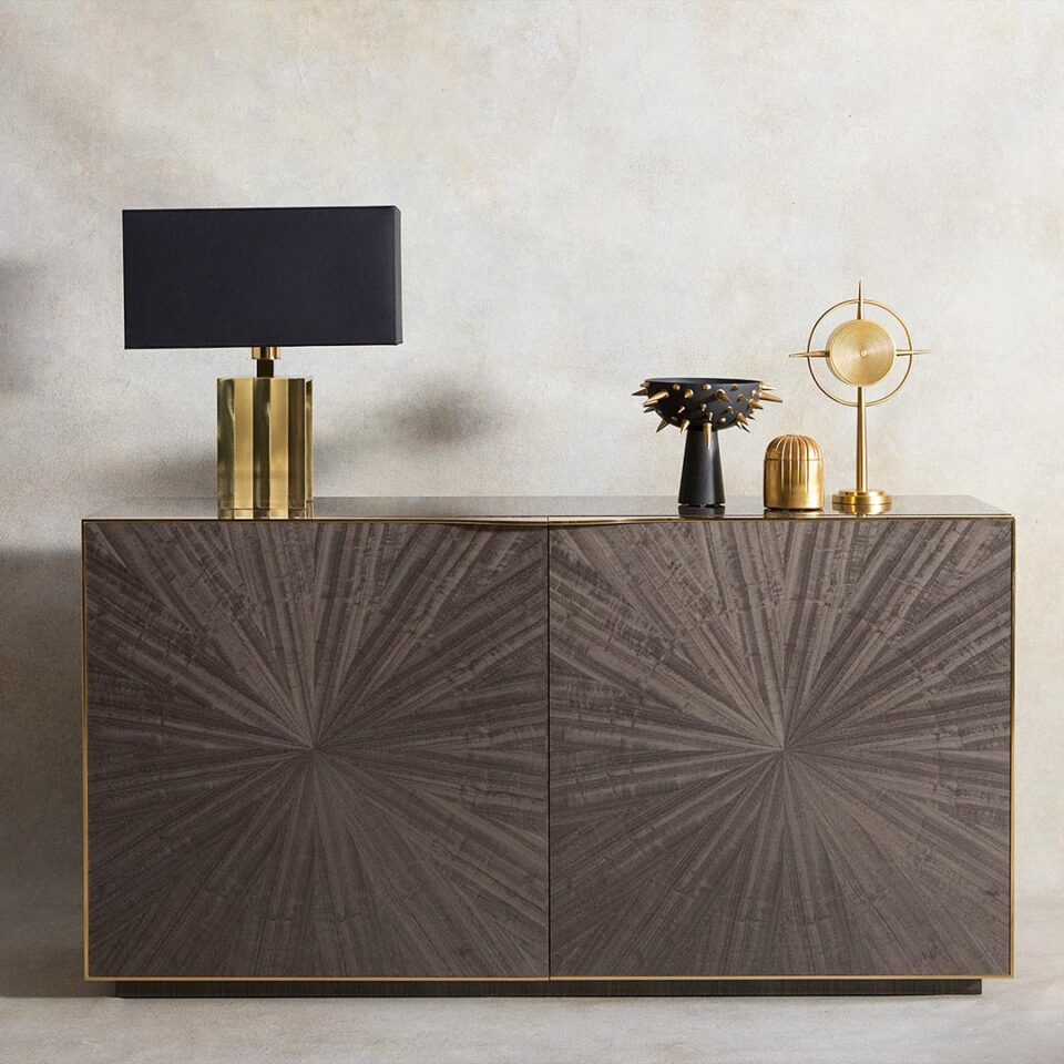 The Brooklyn Sideboard in High Gloss Metallic Grey Eucalyptus with Polished Brass Trim