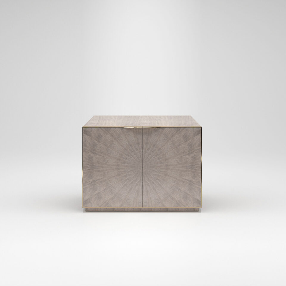 A two door sideboard finished in a high gloss Shadow Grey Anegre with a polished brass trim. Design by DAVIDSON London.