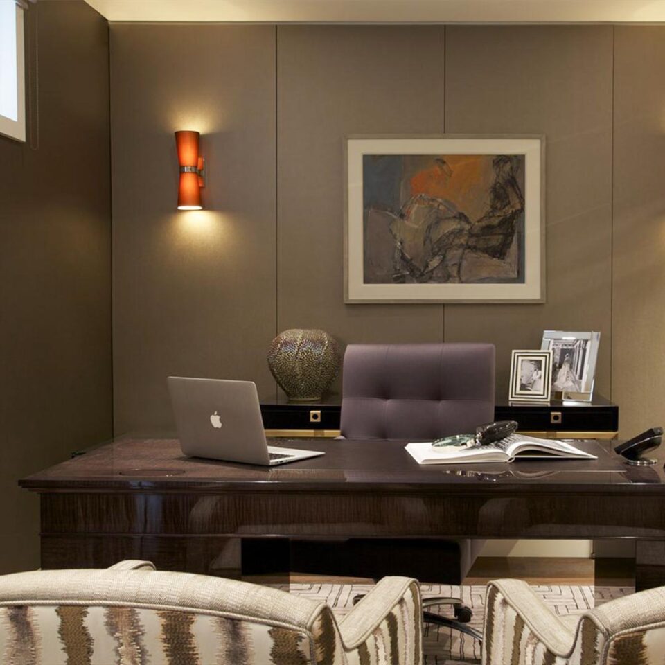 A beautiful desk of classic inspiration, finished in a high gloss dark tinted oak with a luxury leather writing surface.