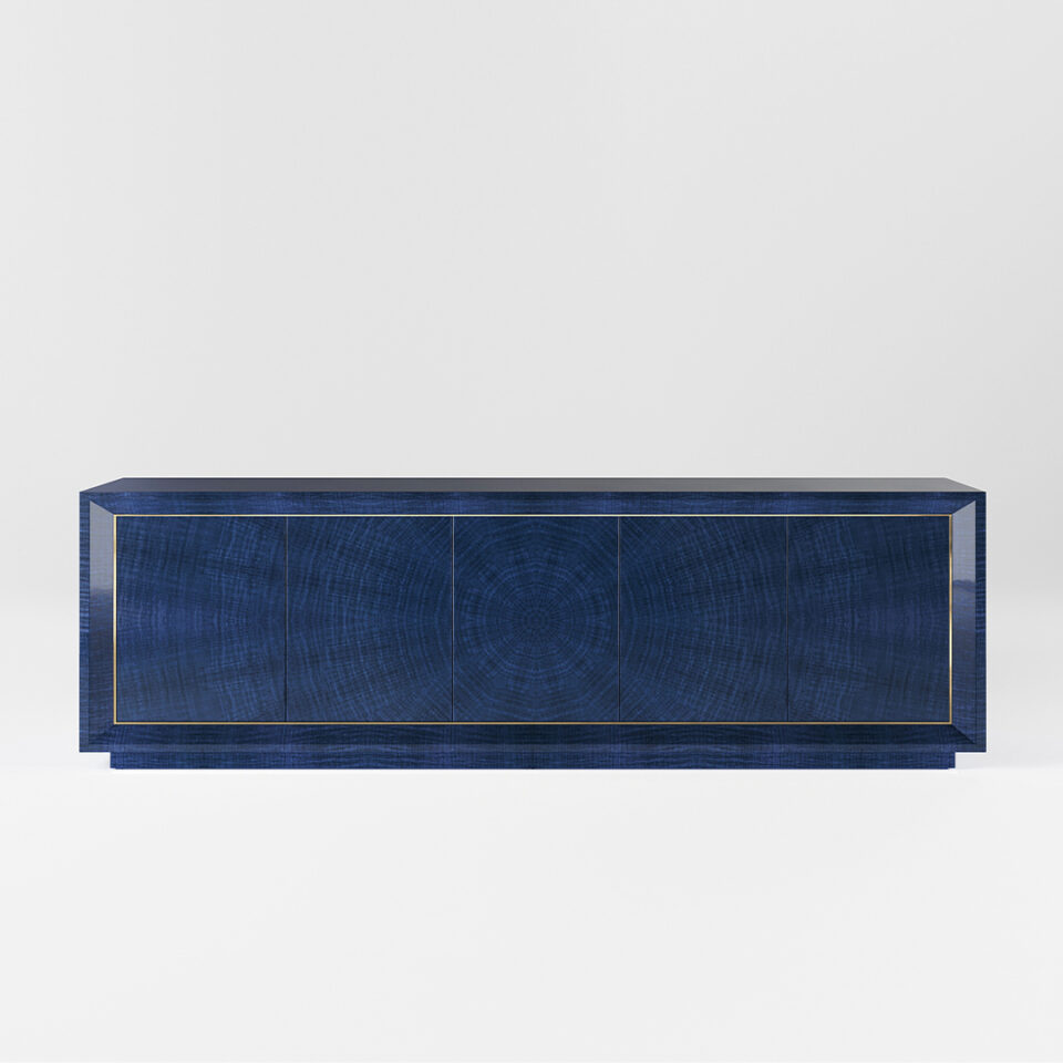 A five door sideboard finished in a high gloss Figured Blue Eucalyptus with a polished brass trim. Design by DAVIDSON London.