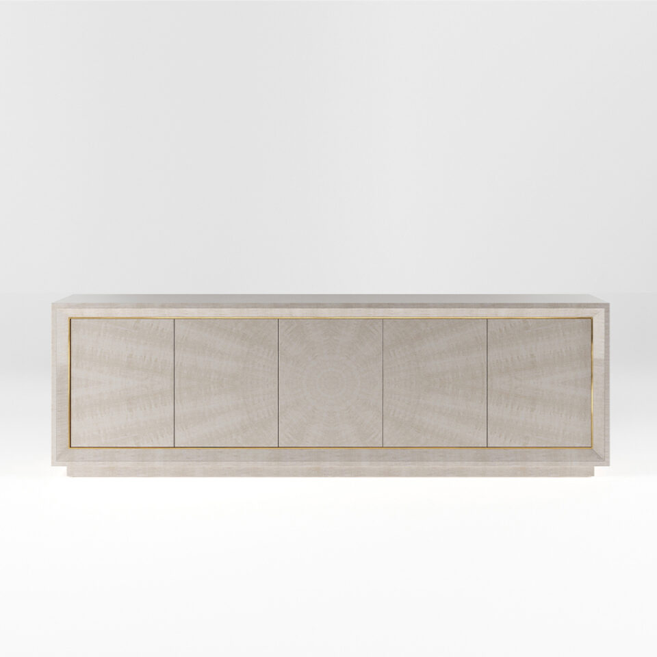A five door sideboard finished in a high gloss Sycamore Silk with a polished brass trim. Design by DAVIDSON London.