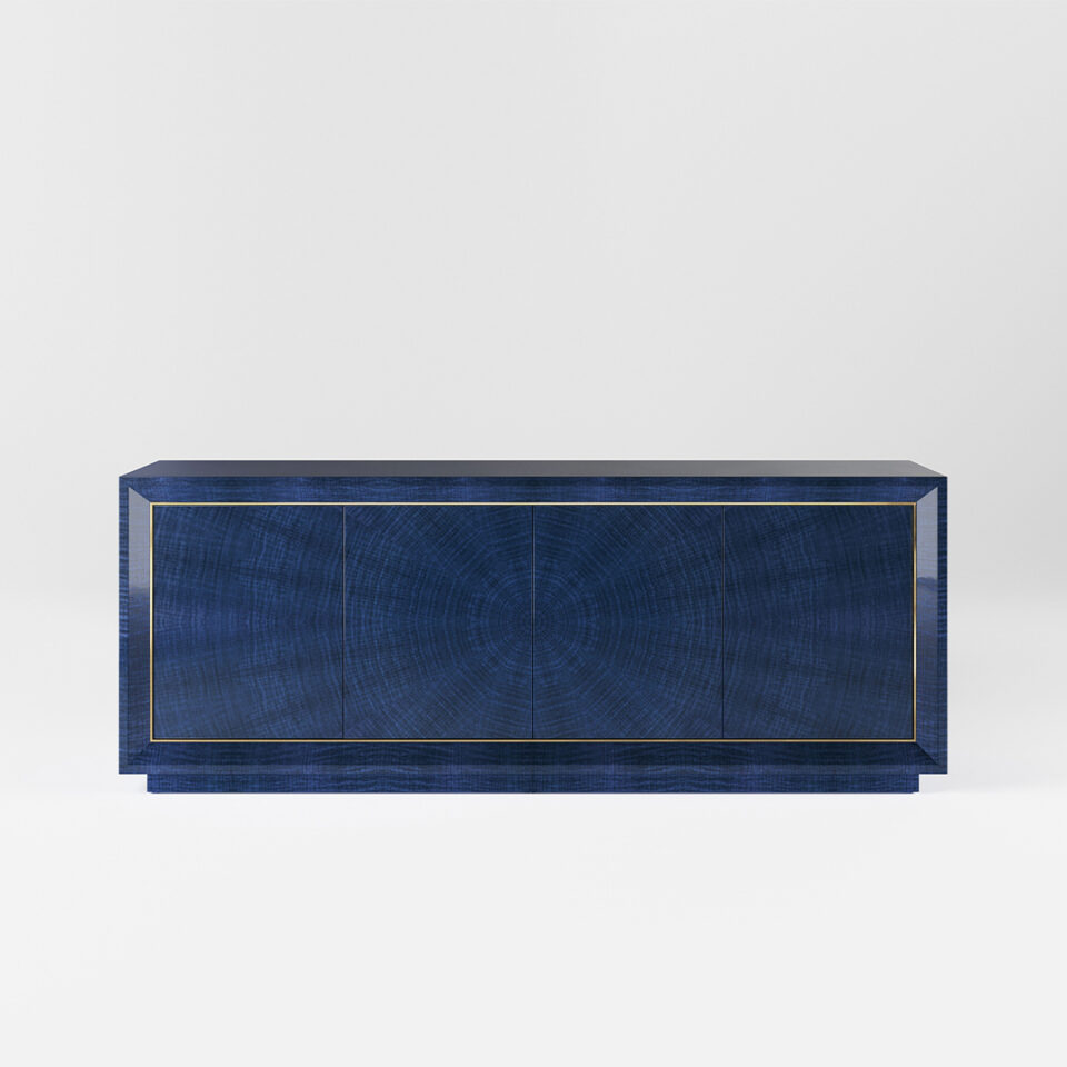 A four door sideboard finished in a high gloss Figured Blue Eucalyptus with a polished brass trim. Design by DAVIDSON London.