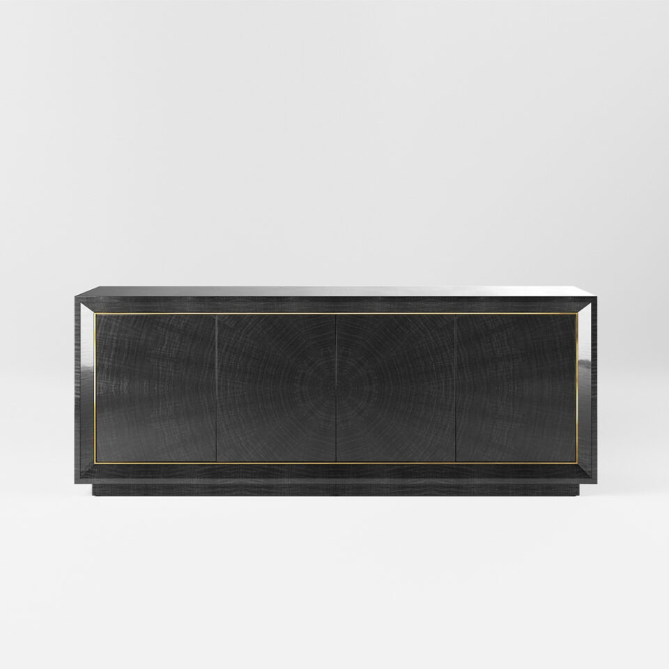 A four door sideboard finished in a high gloss Sycamore Black with a polished brass trim. Design by DAVIDSON London.
