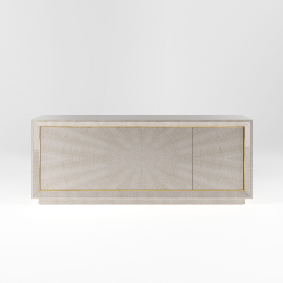 A four door sideboard finished in a high gloss Sycamore Silk with a polished brass trim. Design by DAVIDSON London.