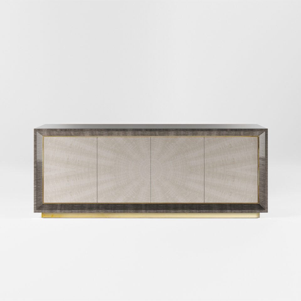 A four door sideboard finished in a high gloss Sycamore Silk and Pebble Grey Anegre with a polished brass plinth and trim. Design by DAVIDSON London.
