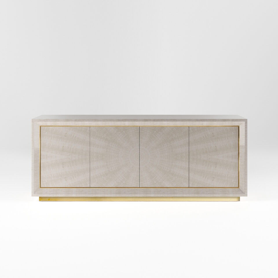 A four door sideboard finished in a high gloss Sycamore Silk with a polished brass plinth and trim. Design by DAVIDSON London.