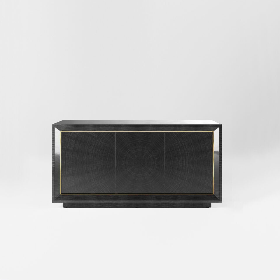 A three door sideboard finished in a high gloss Sycamore Black with a polished brass trim. Design by DAVIDSON London.