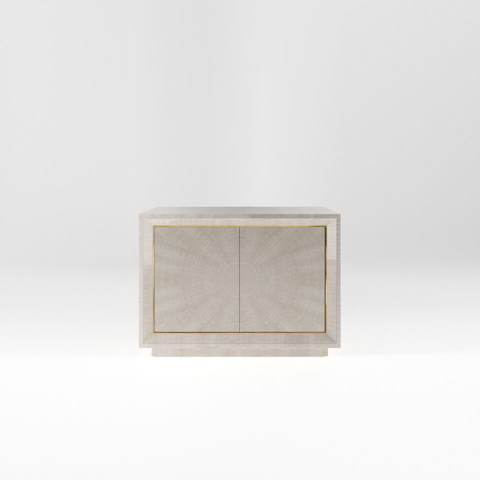 A two door sideboard finished in a high gloss Sycamore Silk with a polished brass trim. Design by DAVIDSON London.