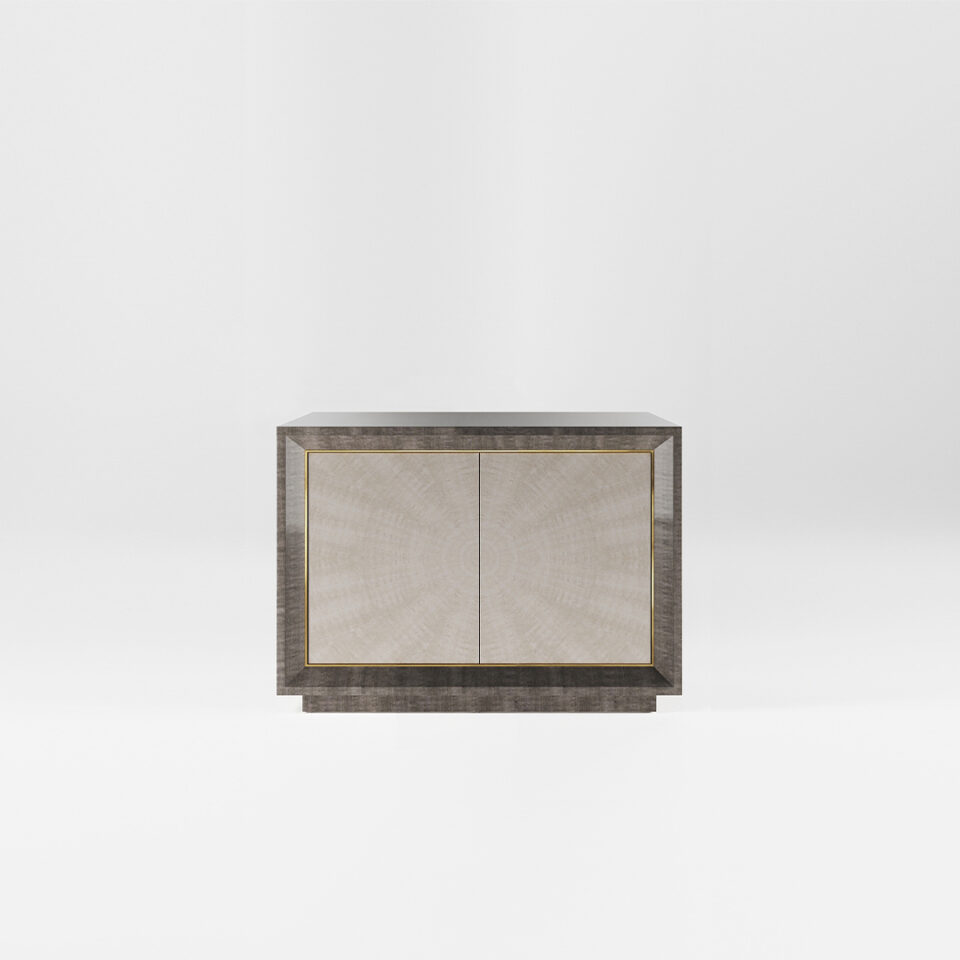 A two door sideboard finished in a high gloss Sycamore Silk and Pebble Grey Anegre with a polished brass trim. Design by DAVIDSON London.