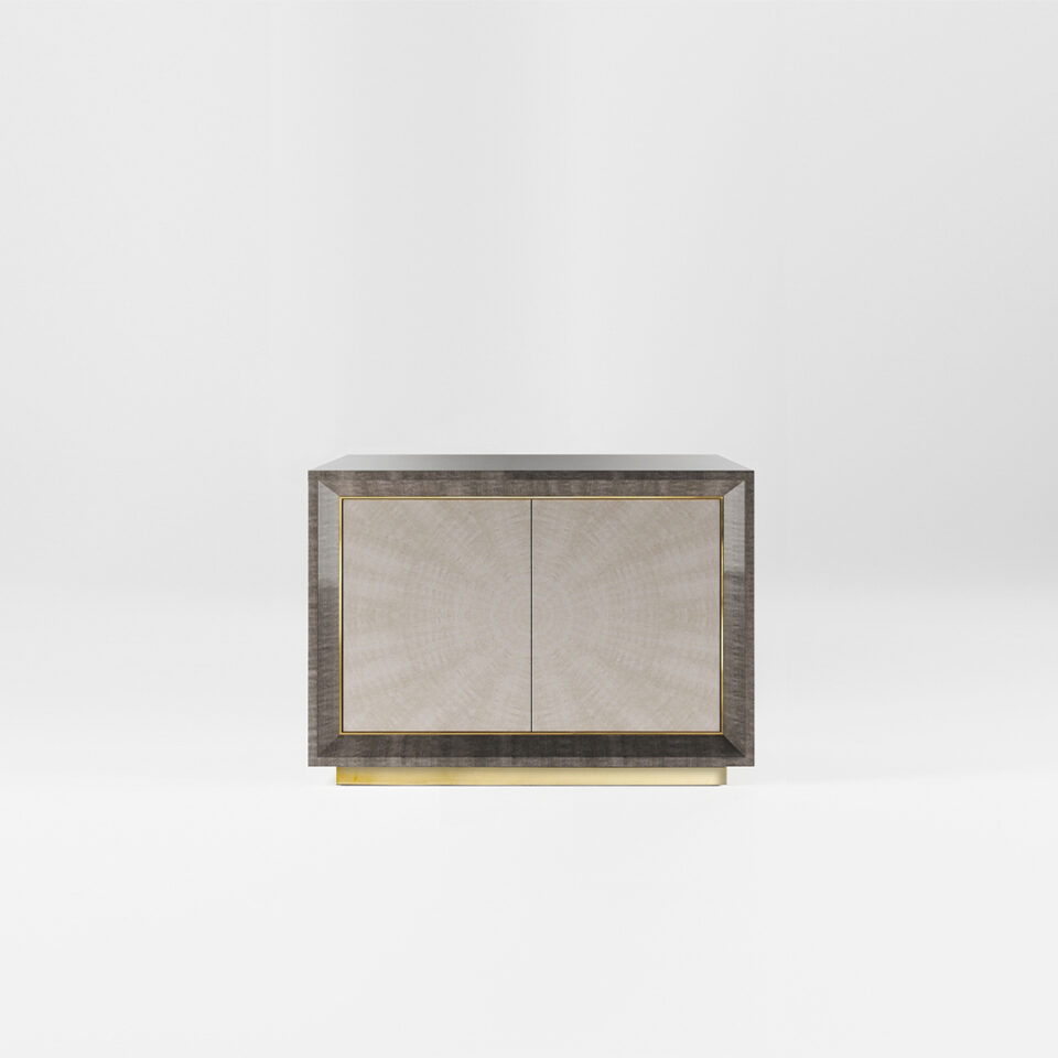 A two door sideboard finished in a high gloss Sycamore Silk and Pebble Grey Anegre with a polished brass plinth and trim. Design by DAVIDSON London.