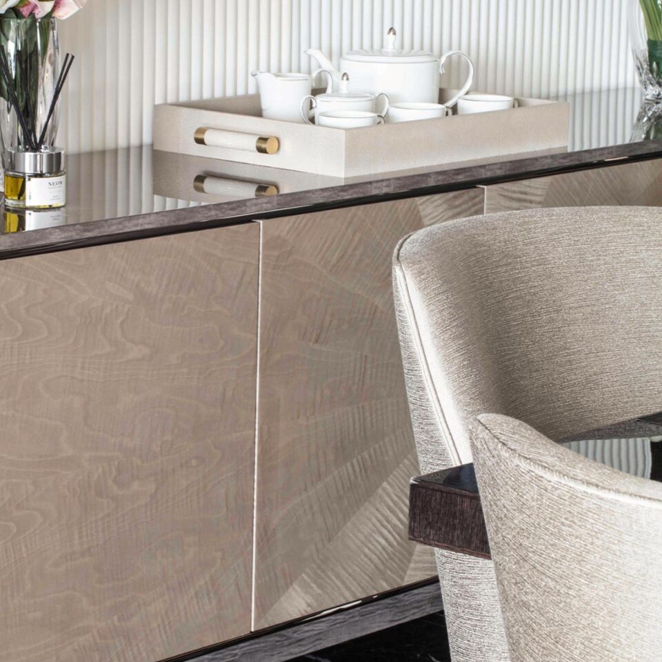 The Corinthia Sideboard in a two tone grey, sycamore pearl and sycamore slate with a polished nickel trim. Interior Design by Elicyon.