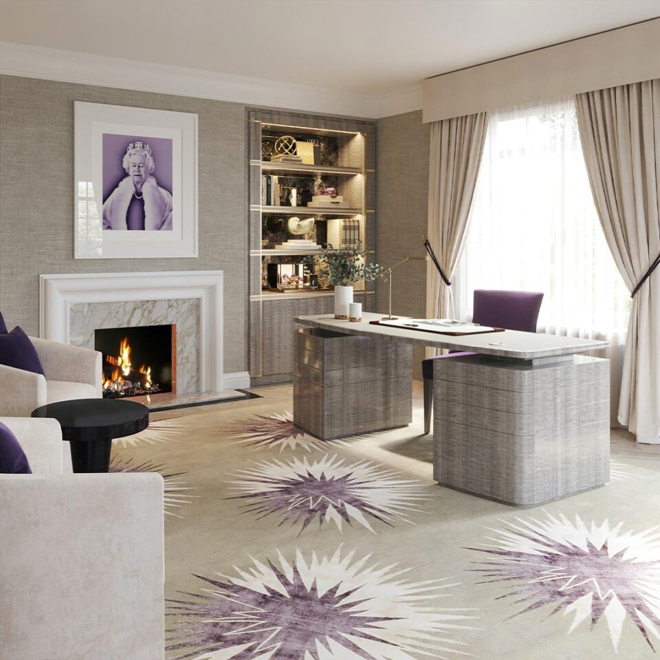 A unique writing desk part of the Eclipse home office collection that breathes an air of cool sophistication into a smart study. The desk is finished in shadow grey anegre with detailing in polished nickel.