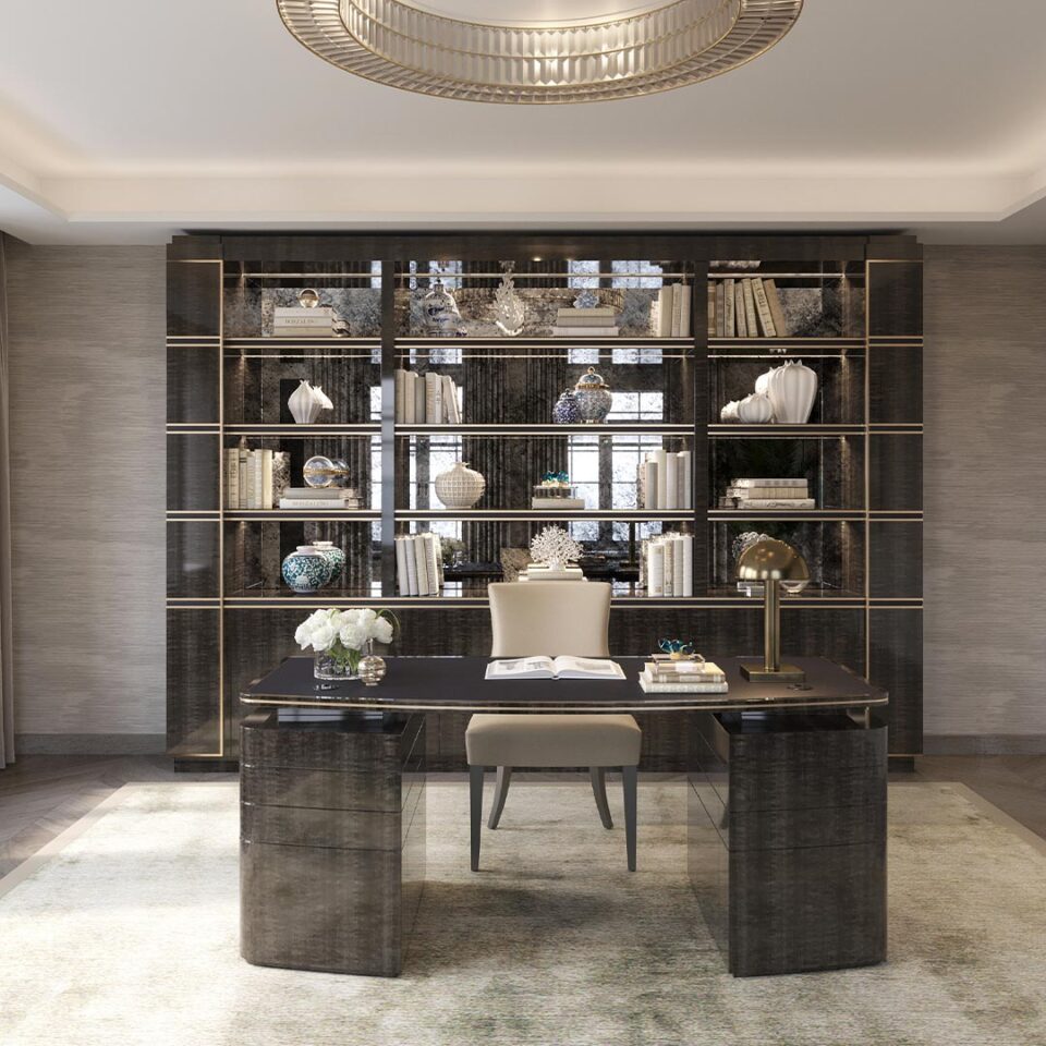 A unique writing desk part of the Eclipse home office collection that breathes an air of cool sophistication into a smart study. The desk is finished in sycamore black with detailing in polished brass.