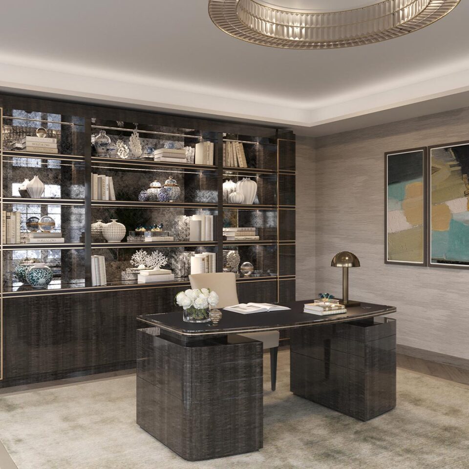 A unique writing desk part of the Eclipse home office collection that breathes an air of cool sophistication into a smart study. The desk is finished in sycamore black with detailing in polished brass.