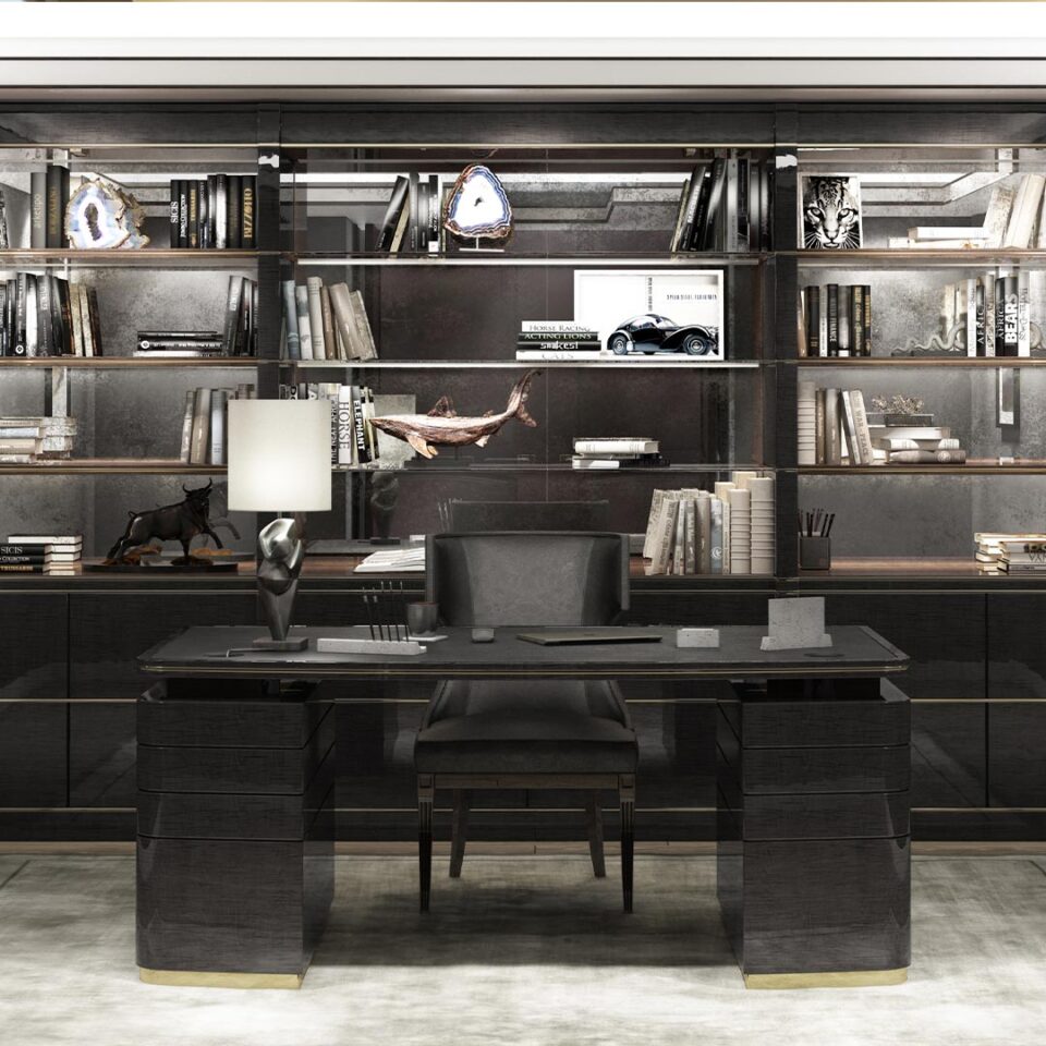 A unique writing desk breathes an air of cool sophistication into a smart study. The desk is finished in sycamore black with detailing in polished brass.