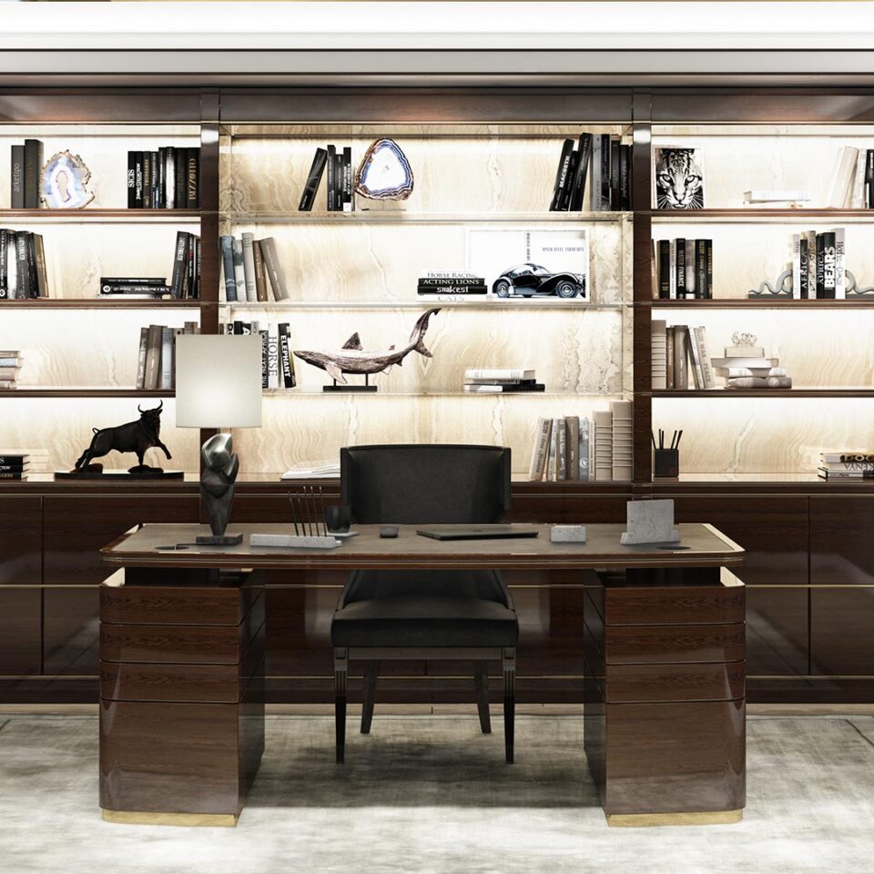 A unique writing desk breathes an air of cool sophistication into a smart study. The desk is finished in sycamore brown with detailing in polished brass.