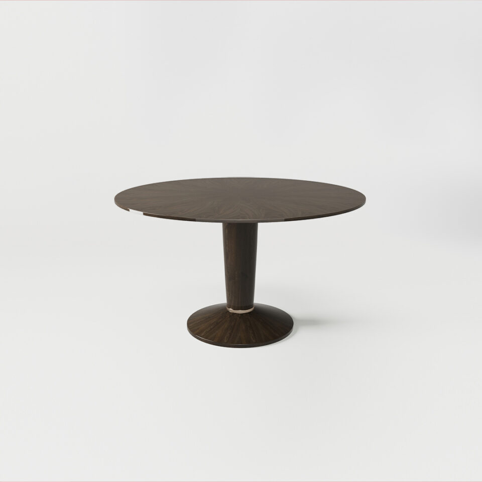 A round dining table finished in a high gloss dark tinted walnut with a polished brass trim. Design by DAVIDSONLondon.