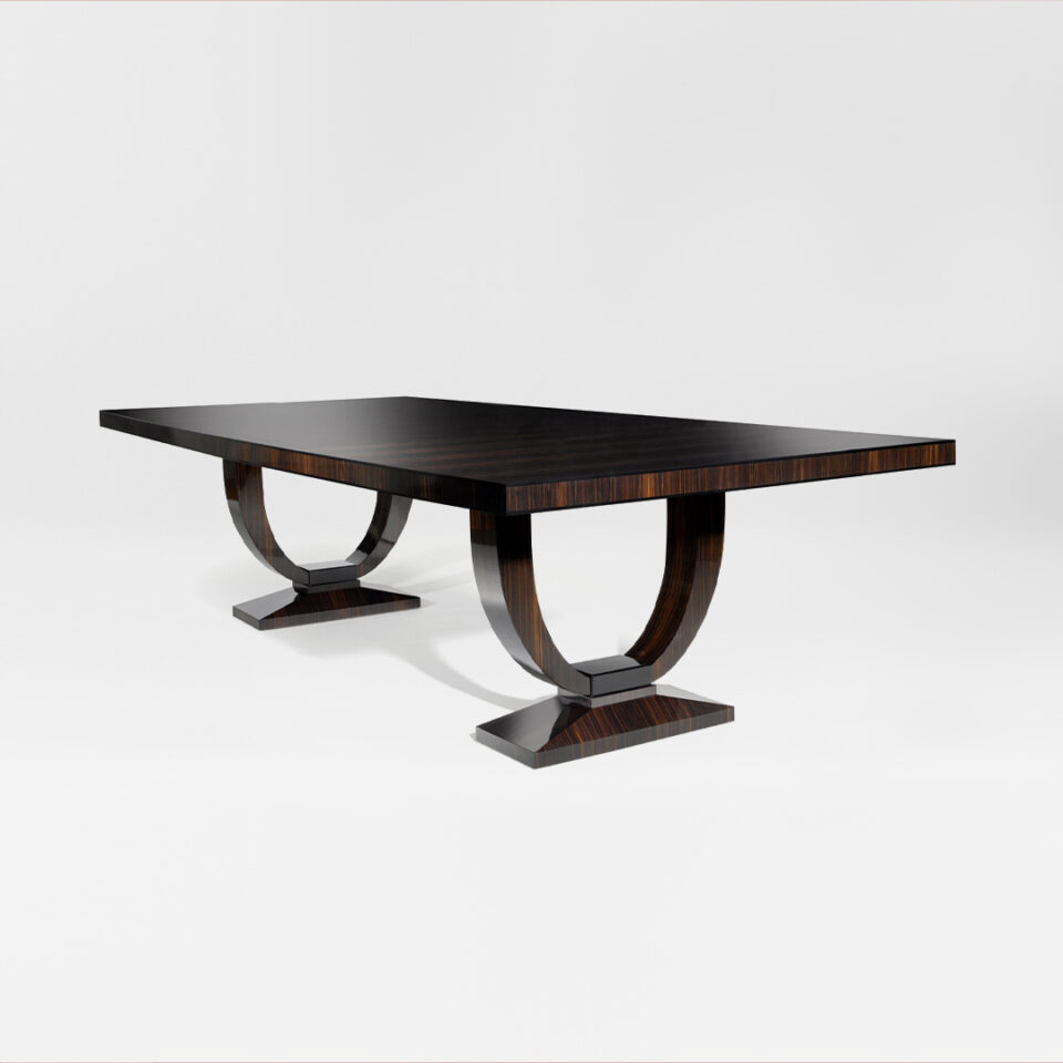 A contemporary rectangular dining table in macassar ebony with an ebonised black lacquer pedestal detail. Design by DAVIDSON London.