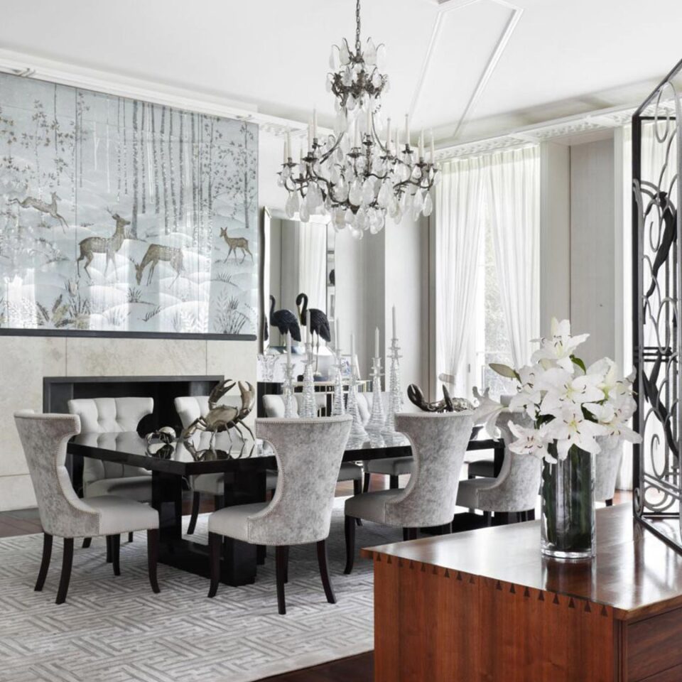 A beautiful rectangular dining table standing on a stylish cruciform base that offers contemporary character and charisma. Finished here in a high gloss sycamore black. Interior design by John McCall Design. Photography by Alex James Photography.⁠
