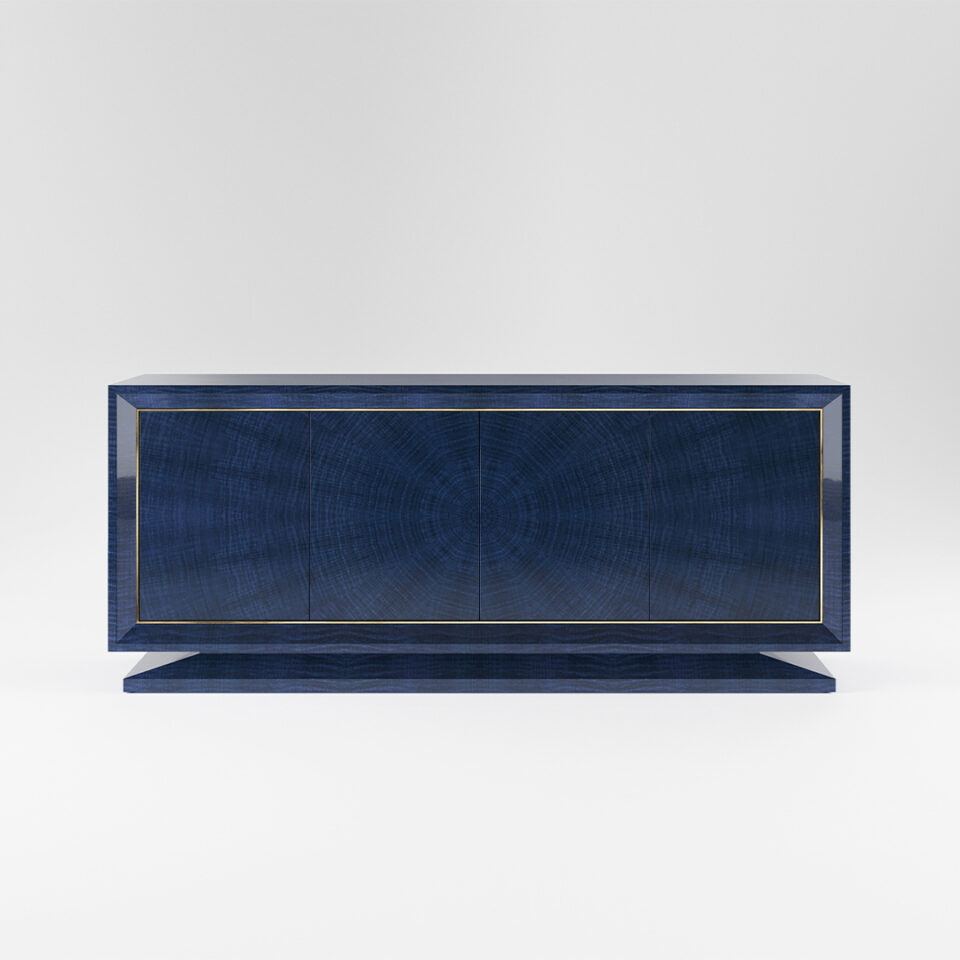 A four door sideboard finished in a high gloss Figured Blue Eucalyptus with a polished brass trim. Design by DAVIDSON London.