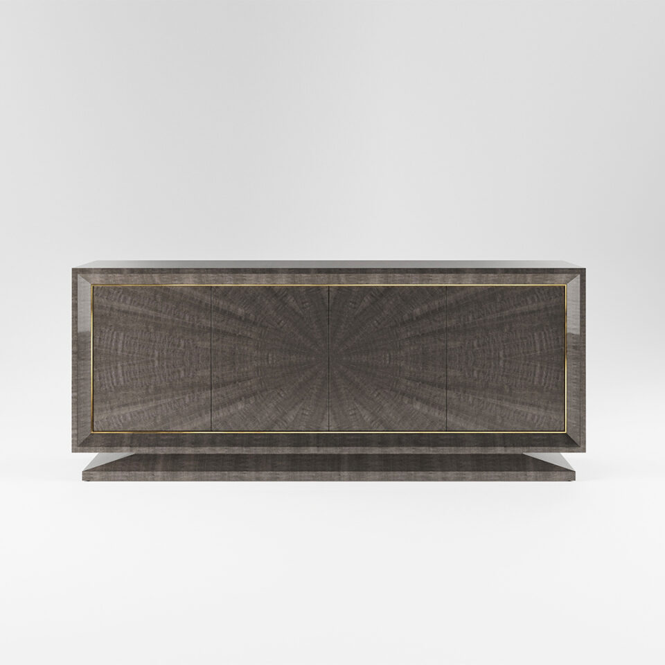 A four door sideboard finished in a high gloss Pebble Grey Anegre with a polished brass trim. Design by DAVIDSON London.