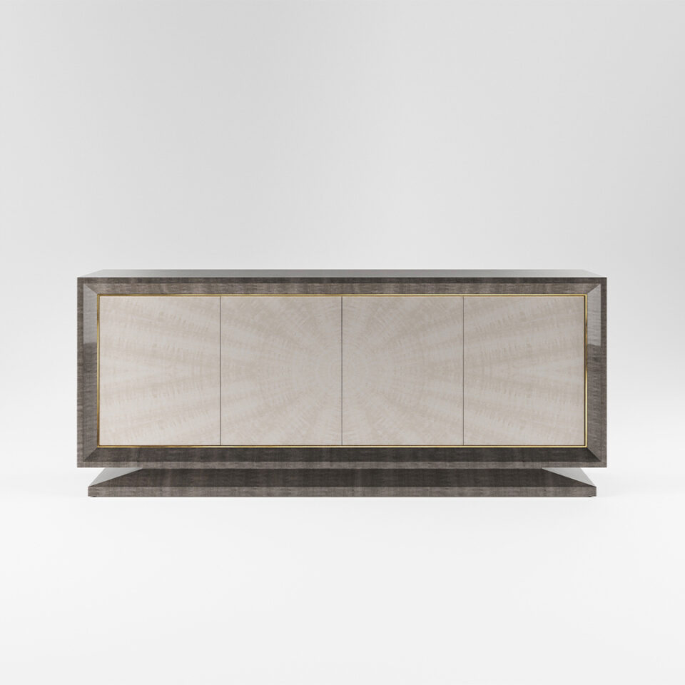 A four door sideboard finished in a high gloss Sycamore Silk and Pebble Grey Anegre with a polished brass trim. Design by DAVIDSON London.