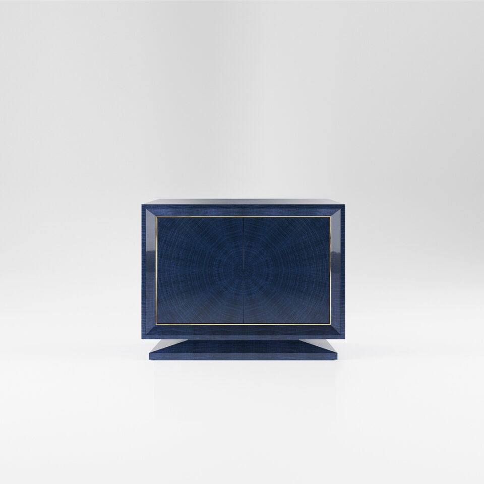 A two door sideboard finished in a high gloss Figured Blue Eucalyptus with a polished brass trim. Design by DAVIDSON London.