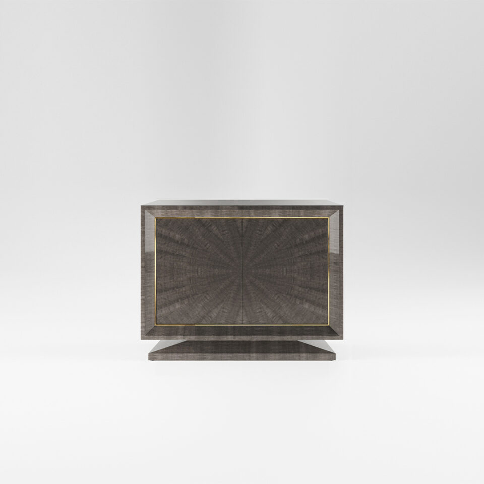 A two door sideboard finished in a high gloss Pebble Grey Anegre with a polished brass trim. Design by DAVIDSON London.