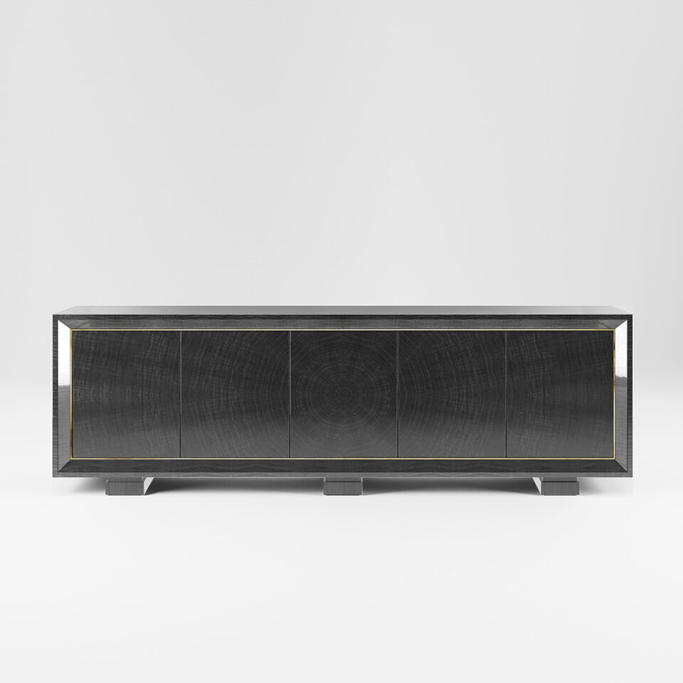 A five door sideboard finished in a high gloss Sycamore Black with a polished brass trim. Design by DAVIDSON London.