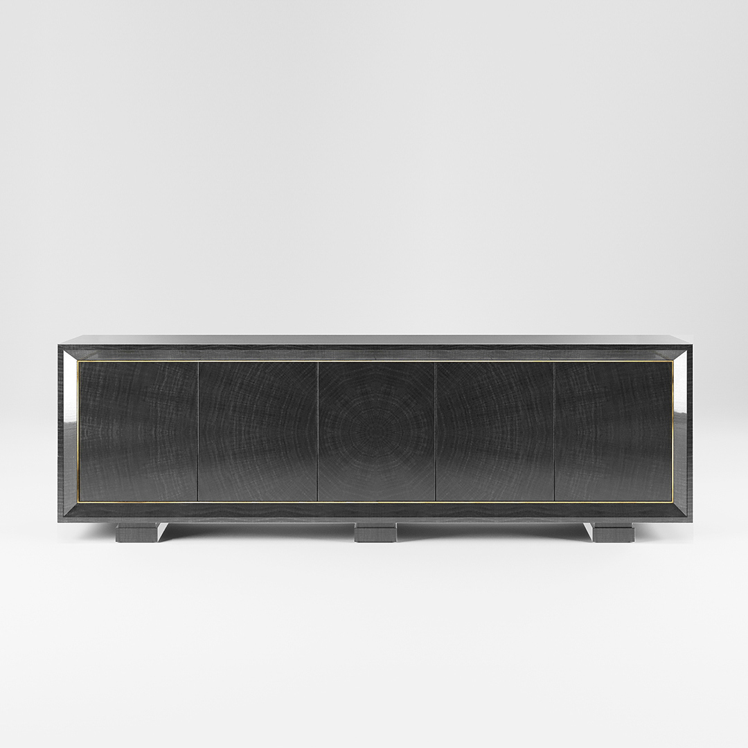 A five door sideboard finished in a high gloss Sycamore Black with a polished brass trim. Design by DAVIDSON London.