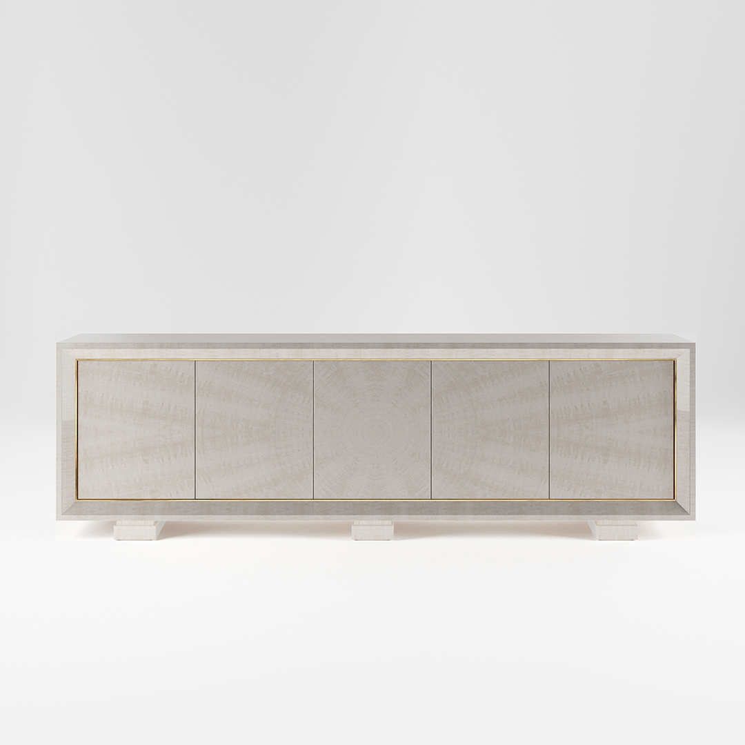 A five door sideboard finished in a high gloss Sycamore Silk with a polished brass trim. Design by DAVIDSON London.