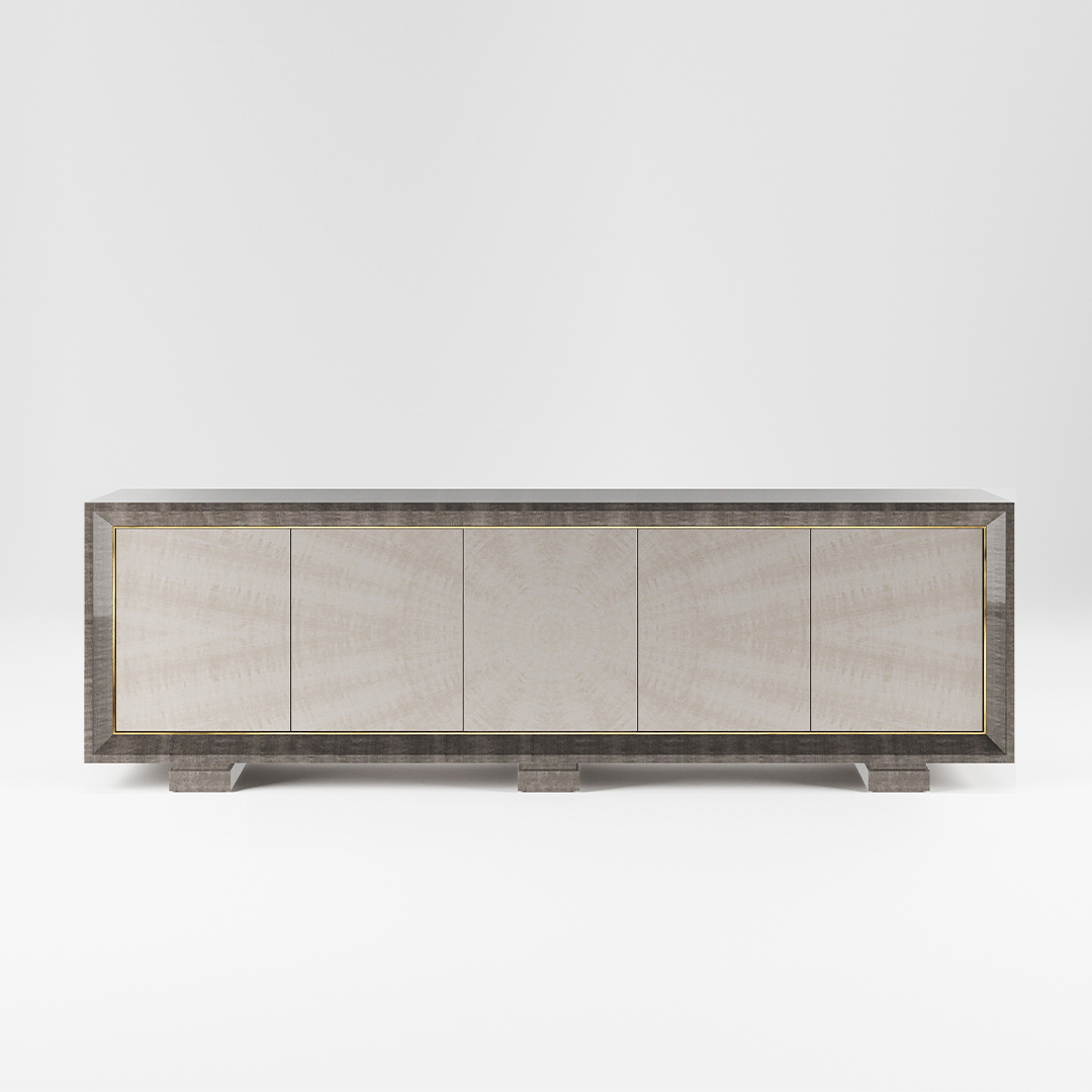 A five door sideboard finished in a high gloss Sycamore Silk and Pebble Grey Anegre with a polished brass trim. Design by DAVIDSON London.