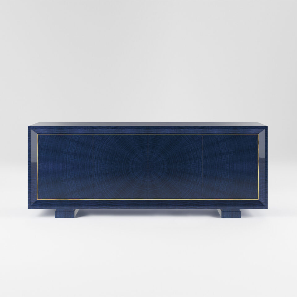 A four door sideboard finished in a high gloss figured blue eucalyptus with a polished brass trim. Design by DAVIDSON London.