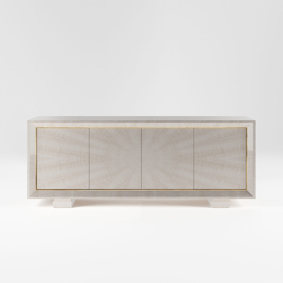 A four door sideboard finished in a high gloss Sycamore Silk with a polished brass trim. Design by DAVIDSON London.