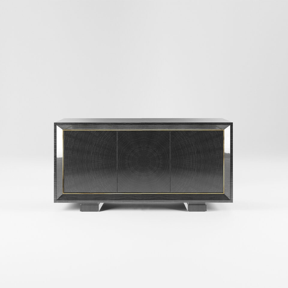 A three door sideboard finished in a high gloss Sycamore Black with a polished brass trim. Design by DAVIDSON London.