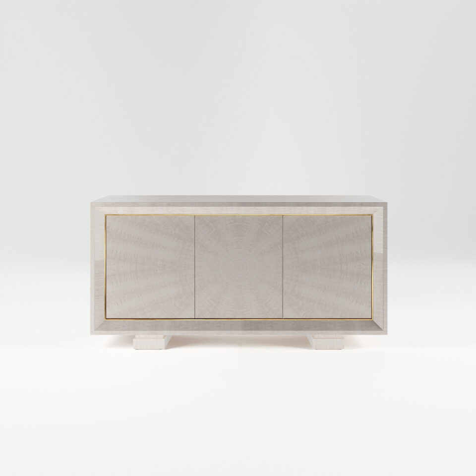 A three door sideboard finished in a high gloss Sycamore Silk with a polished brass trim. Design by DAVIDSON London.