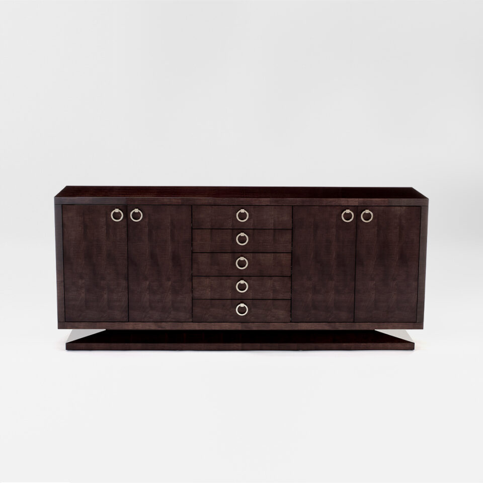 A four door sideboard with a central bank of doors. Finished in high gloss sycamore grey with polished nickel handles. Design by DAVIDSON London.