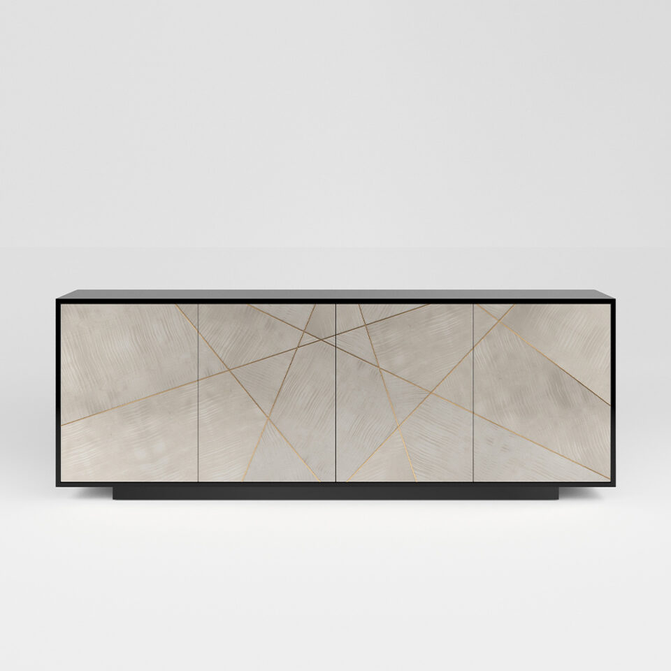 A four door sideboard finished in high gloss sycamore black and sycamore silk doors with polished brass trim. Design by DAVIDSON London.