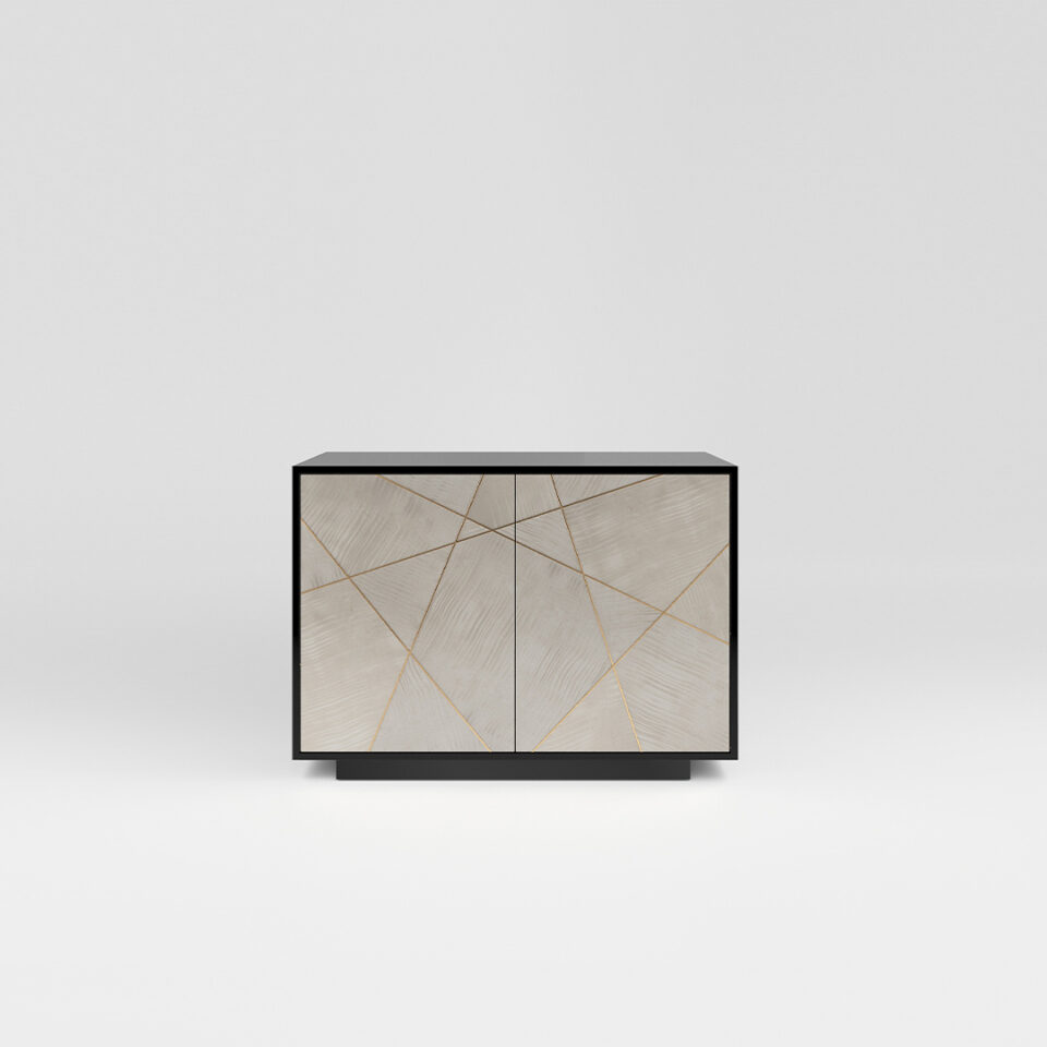 A two door sideboard finished in high gloss sycamore black and sycamore silk doors with polished brass trim. Design by DAVIDSON London.