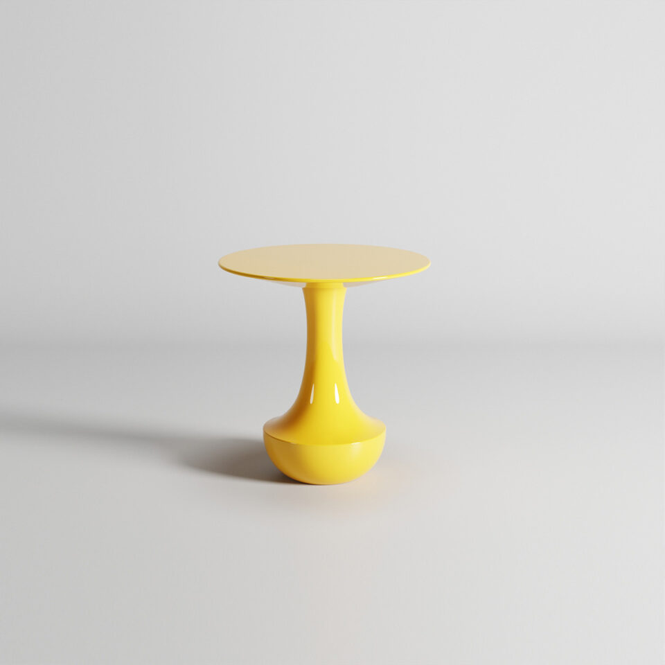 A bright occasional table part of DAVIDSON London’s Wanderlust Collection. This design features the Decanter base and the Elystan top in a bold yellow “Sahara’